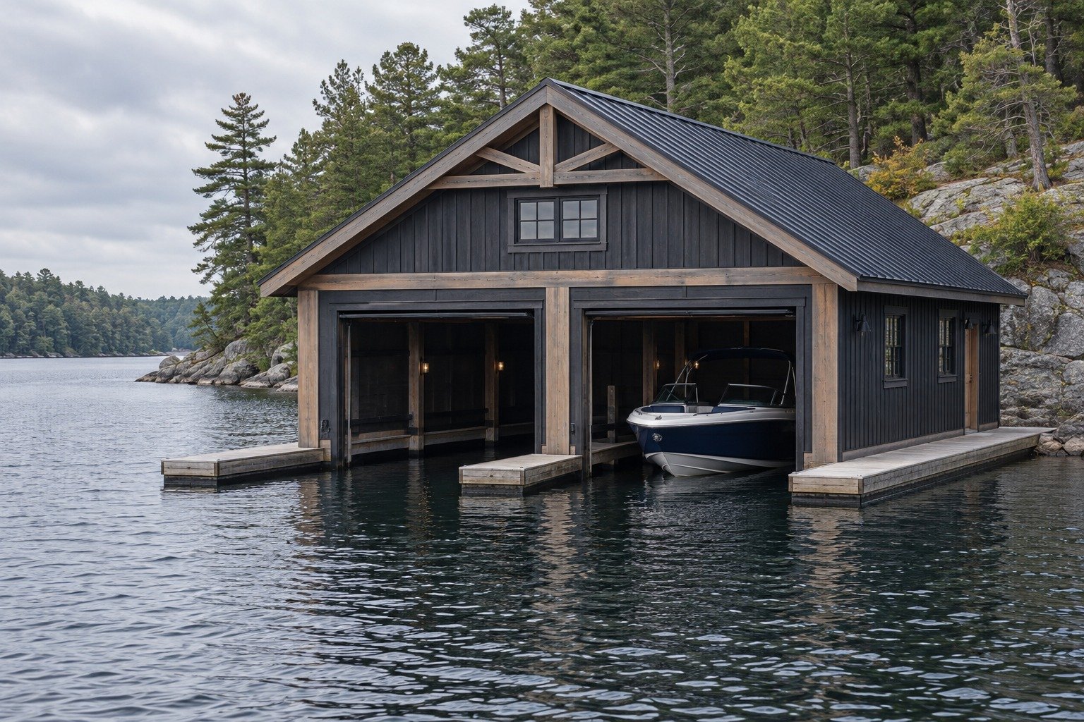 Boathouse design visualization with two open water bays and rectangular dock walkways