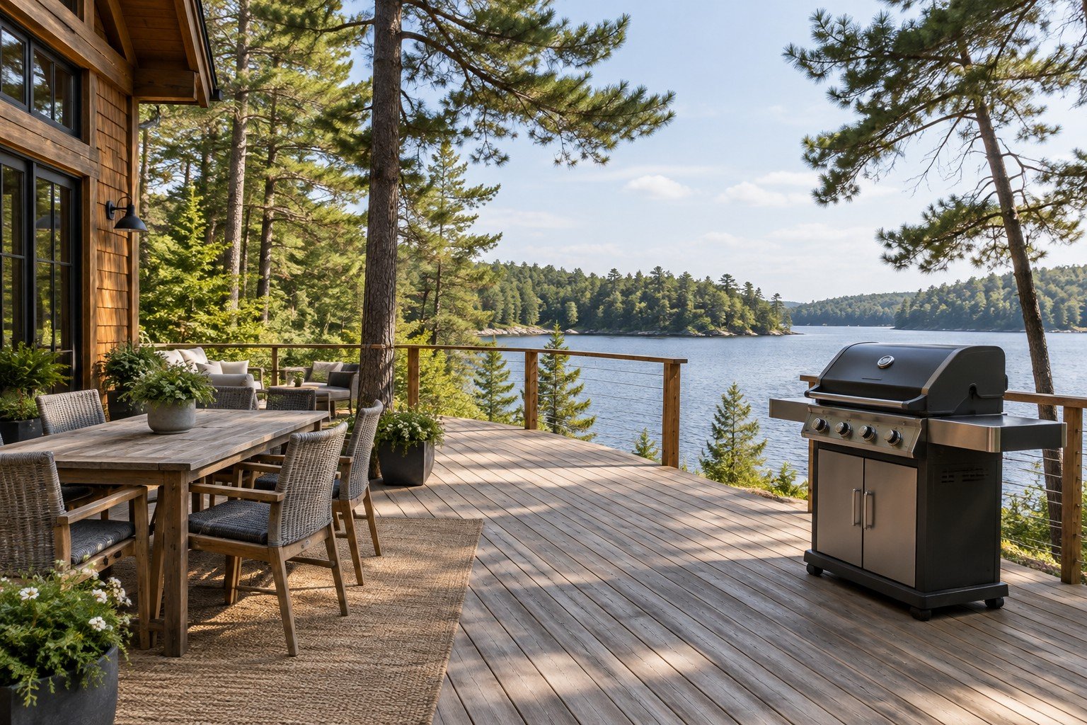 Cedar cottage deck with a barbecue in an open area separate from the outdoor dining table